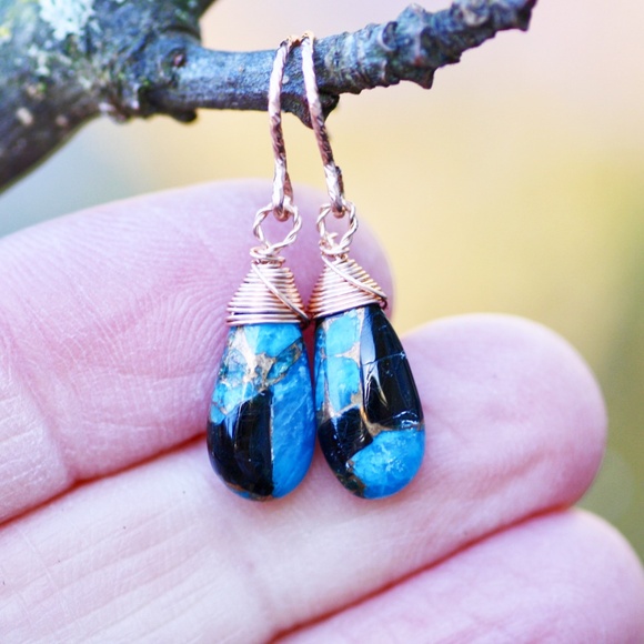 Natural Obsidian Copper Turquoise Earrings Handmade 14k Rose Gold Filled - Picture 4 of 12